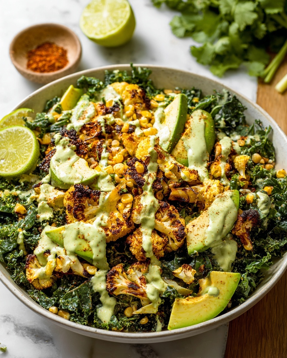 A large white bowl is filled with layers of dark green kale leaves as the base, topped with roasted cauliflower pieces that are browned and crispy, scattered with small golden grilled corn kernels. On top of these, there are several slices of light green avocado, some with a sprinkle of black pepper. A creamy light green sauce is drizzled over everything, adding a smooth texture and color contrast. Around the bowl, there are halved limes, fresh green herbs, and two wooden bowls, one with reddish-brown seasoning and the other with mixed herbs on a white marbled surface. Photo taken with an iphone --ar 4:5 --v 7