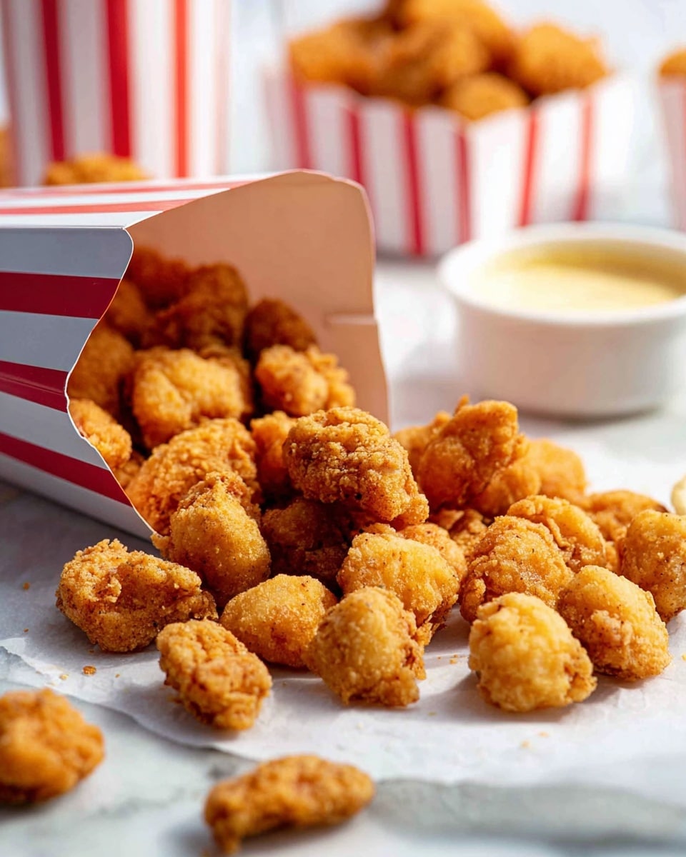 Small crunchy golden brown popcorn chicken pieces spill out from a white box with red stripes lying on its side at the left center of the image. The popcorn chicken pieces are scattered on a white marbled surface, with some pieces closer to the camera showing detail in their crispy texture. In the background to the right, there is a white bowl filled with a creamy light yellow sauce, slightly blurred. Behind it, another container with red stripes is visible but out of focus. The lighting is bright and natural, highlighting the golden color and crispy texture of the chicken pieces. photo taken with an iphone --ar 4:5 --v 7