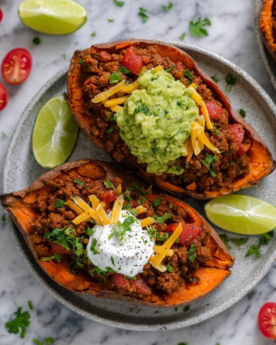 Two sweet potato halves sit on a white plate on a white marbled surface. Each sweet potato has a deep orange color with a soft texture inside. They are filled with cooked seasoned ground meat mixed with small chunks of red tomatoes, creating a rich brown and red base layer. On top of the meat, there are thin yellow cheese strips scattered, followed by a generous scoop of green guacamole, which looks smooth and creamy, sprinkled with chopped cilantro. Next to the guacamole, a dollop of white sour cream is placed, dusted lightly with black pepper. Around the plate, there are wedges of lime and small pieces of halved cherry tomatoes scattered for decoration. photo taken with an iphone --ar 4:5 --v 7
