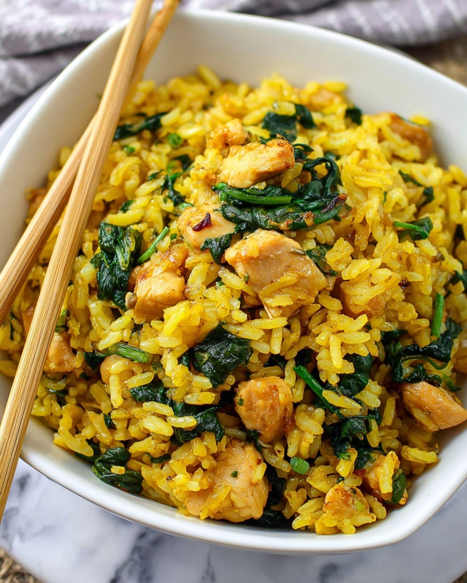 A close-up view of a white square bowl filled with yellow rice mixed with chopped cooked chicken pieces and dark green leafy spinach. The rice grains look soft and moist, and the chicken pieces are scattered well throughout the dish, some showing a light brown cooked surface. The spinach leaves appear wilted but fresh, adding dark green color over the rice. On the left side, a pair of light brown wooden chopsticks rests on the bowl’s edge. The background shows a white marbled surface and a blurred cloth underneath the bowl. photo taken with an iphone --ar 4:5 --v 7