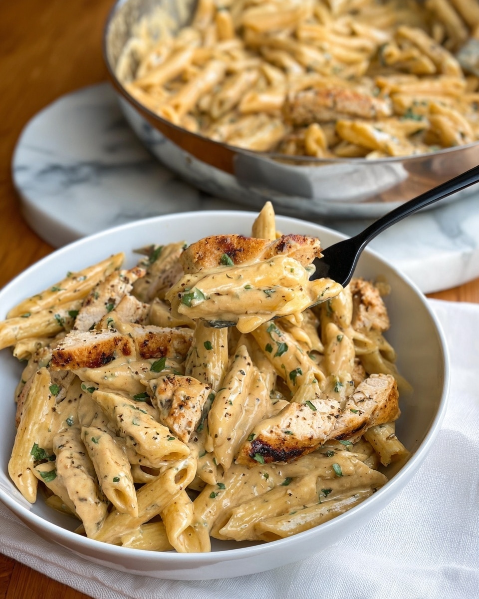 A white bowl filled with creamy penne pasta mixed with grilled chicken strips. The pasta is coated evenly in a light beige sauce speckled with chopped green herbs and black pepper. The grilled chicken pieces are golden brown with slight char marks, placed on top and mixed throughout the pasta. A black fork holds some pasta and chicken in the bowl. Behind the bowl, there is a silver pan with more pasta inside, all set on a wooden table with a white cloth nearby. The background has a white marbled texture. photo taken with an iphone --ar 4:5 --v 7