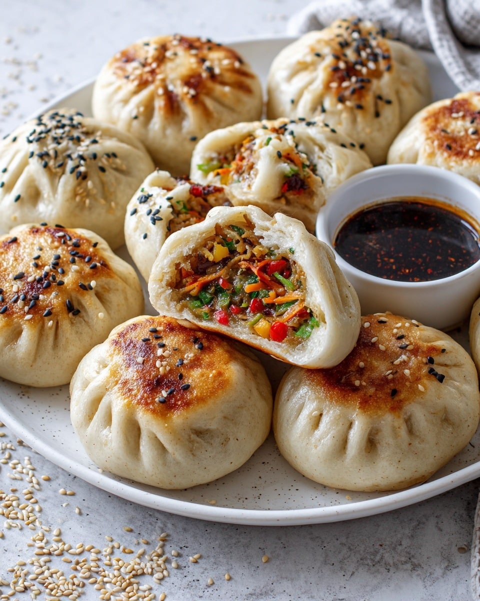 A white plate full of round dumplings with golden brown tops sprinkled with sesame seeds, some dumplings are whole while others are cut open to show layers of colorful vegetable filling inside, including green, orange, and red pieces. A small white bowl with dark dipping sauce is placed on the plate, with a woman's hand dipping a piece of dumpling into the sauce. The background is a white marbled surface with scattered sesame seeds around the plate. photo taken with an iphone --ar 4:5 --v 7