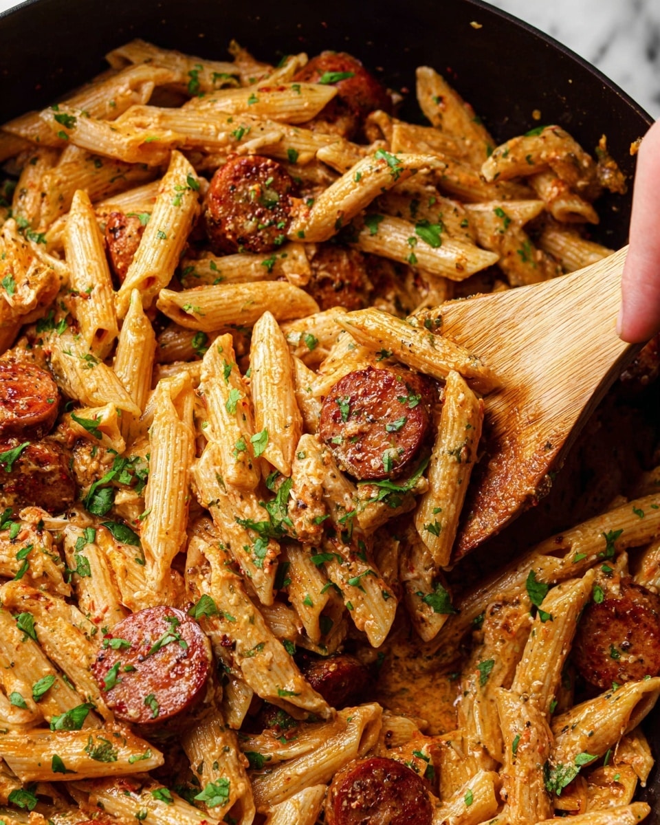 A close-up view of a pan filled with creamy pasta made of penne noodles coated in a light orange sauce speckled with herbs and spices, mixed with browned sausage slices that have a rich, reddish-brown color and slightly crisp edges, all garnished with small green parsley pieces scattered across the dish. A woman's hand holds a wooden spatula lifting some pasta and sausage from the pan, showing the smooth sauce clinging to the noodles and the seasoning on the sausage. The scene is set on a white marbled surface. photo taken with an iphone --ar 4:5 --v 7