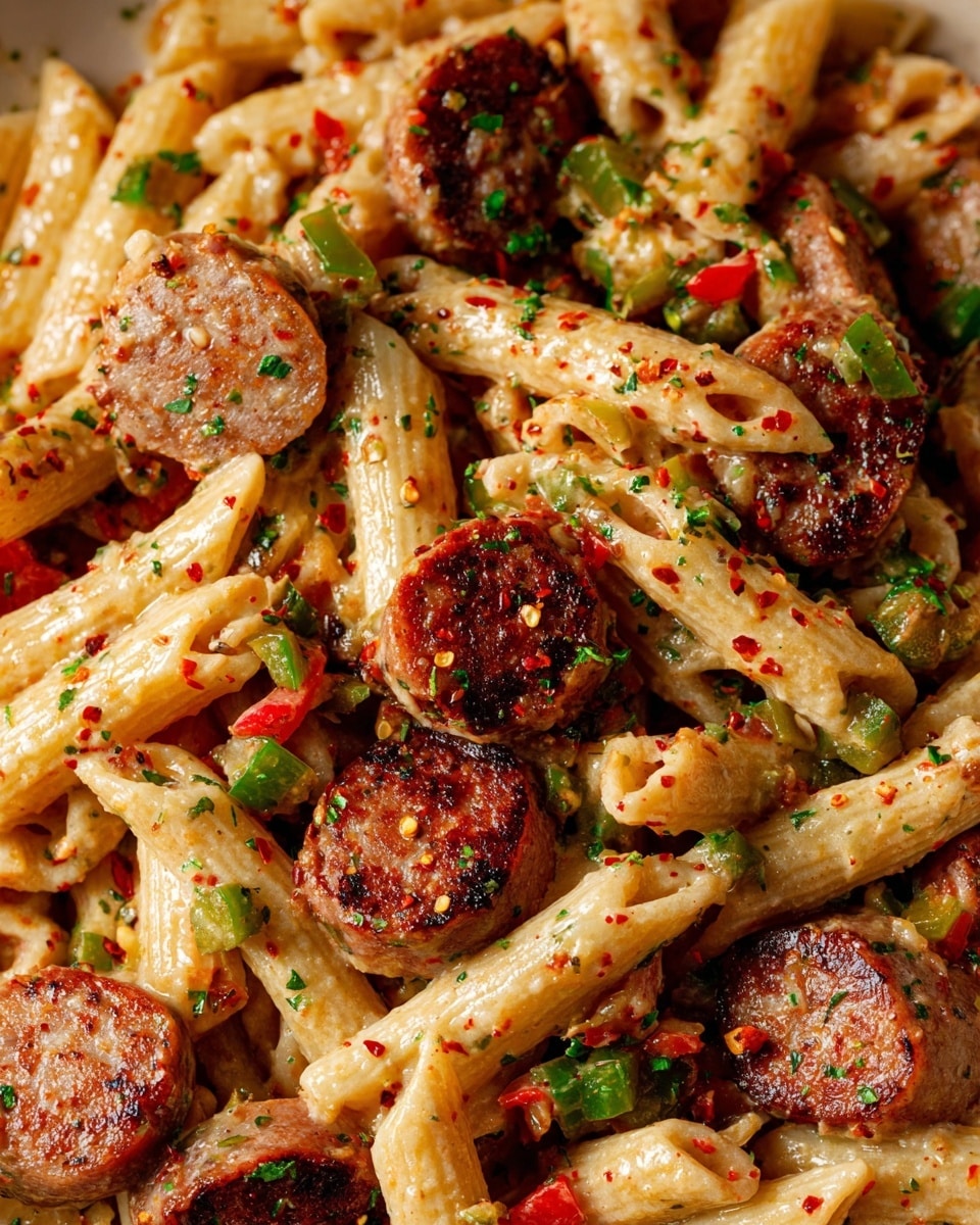 A close-up view of a pasta dish with two main layers; the first layer is penne pasta, light beige with a creamy texture, and the second layer includes browned sausage slices, slightly crispy on edges with dark reddish-brown tones, mixed with small diced green and red peppers. The dish is speckled all over with small sections of finely chopped green herbs and red pepper flakes, adding texture and color contrast. The background is a white marbled texture. photo taken with an iphone --ar 4:5 --v 7