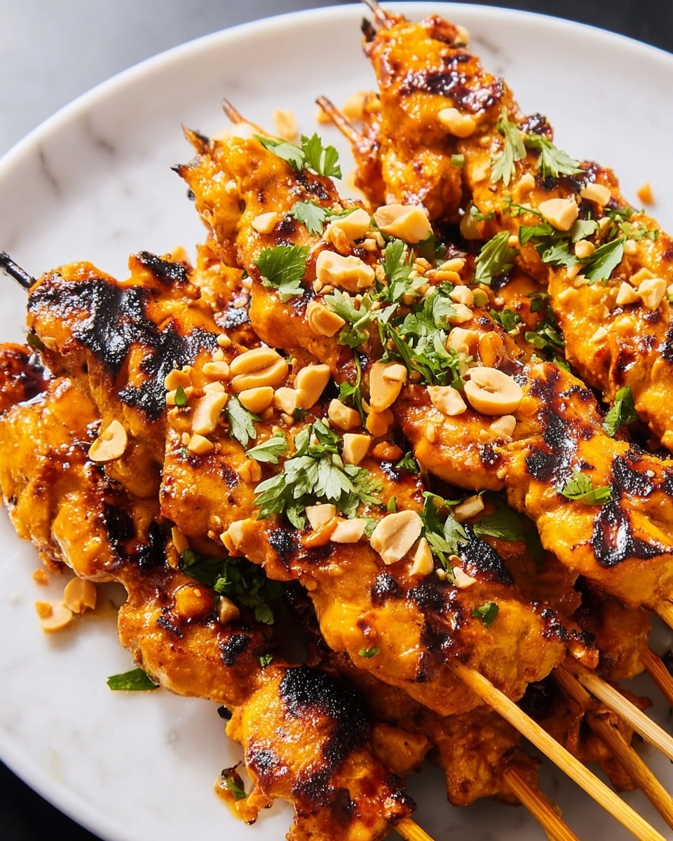 Several skewers of grilled chicken pieces are stacked closely together on a white plate, each piece showing bright orange color with dark brown grill marks. The chicken looks juicy with a glossy, slightly sticky texture from the sauce. Small chopped peanuts and fresh green herbs are sprinkled over the top, adding contrast and freshness. The background is a white marbled surface. photo taken with an iphone --ar 4:5 --v 7