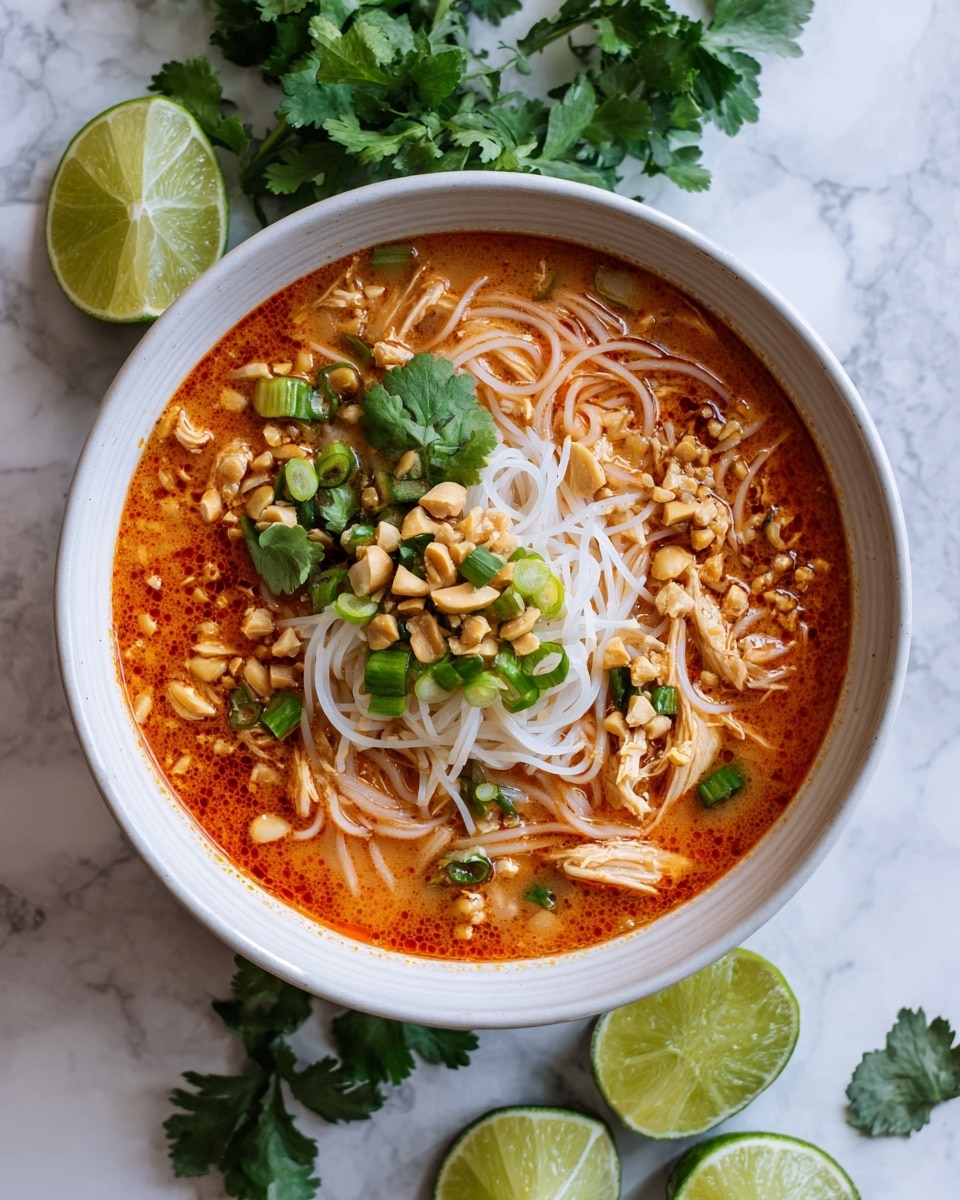 A white bowl is filled with bright orange-red broth, with thin light beige noodles piled in the center. Floating on the surface are thin slices of green lime, chopped green onions, and green cilantro leaves. Light brown chopped peanuts are scattered over the top. The bowl sits on a white marbled surface with lime halves and fresh cilantro sprigs around it. photo taken with an iphone --ar 4:5 --v 7