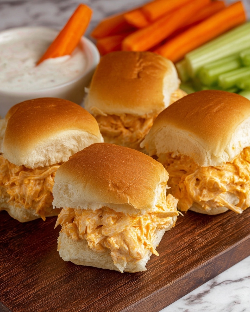Four small sandwiches are arranged on a dark wooden surface, each with soft golden-brown bun tops and shredded, creamy orange filling inside that looks like chicken salad. In the background, there are bright orange carrot sticks and green celery sticks next to a white bowl filled with white dipping sauce, with one carrot stick dipped into it. The setting is simple with a clean, white marbled texture underneath. photo taken with an iphone --ar 4:5 --v 7