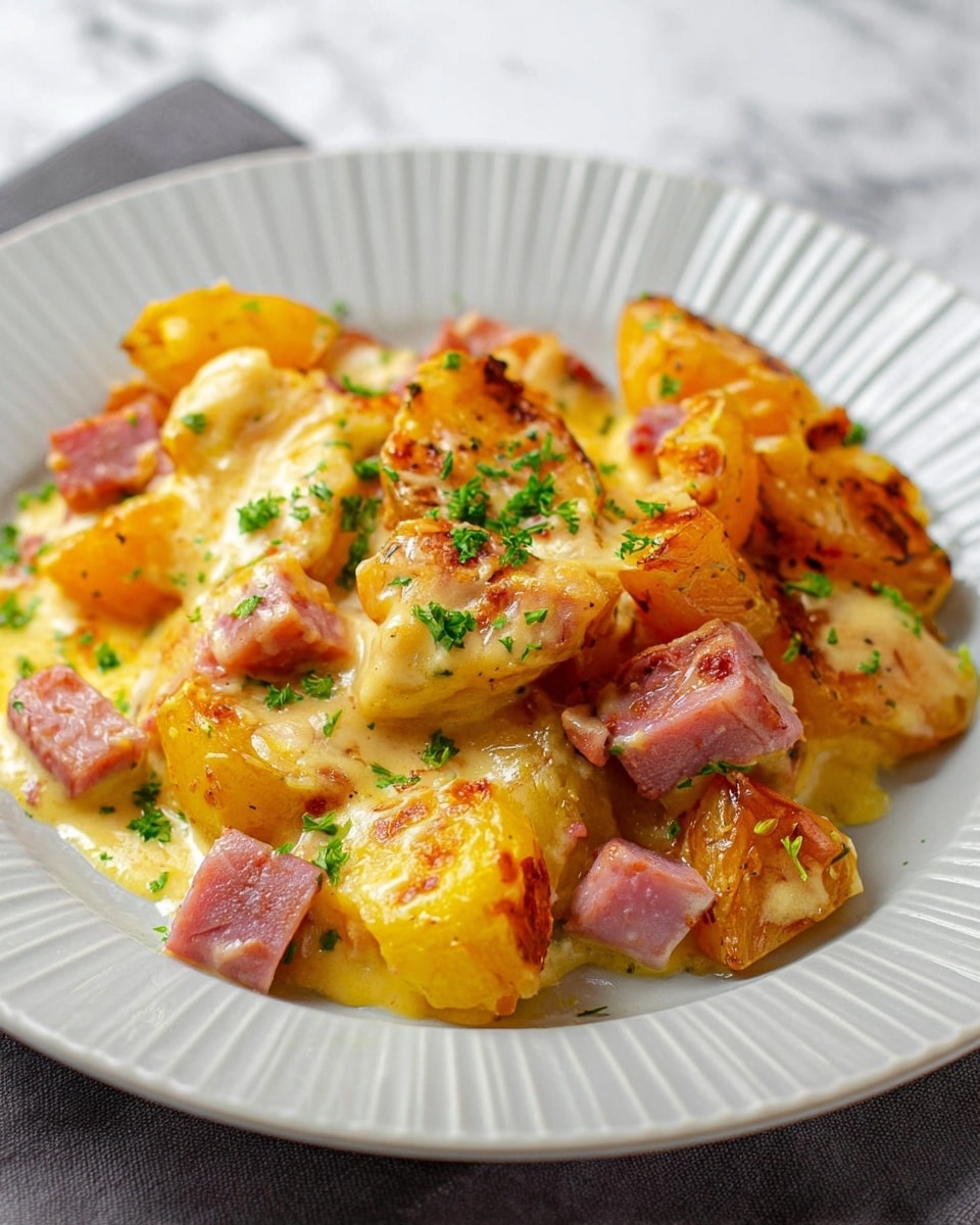 The dish is served on a white plate with ridged edges, placed on a white marbled surface. It has about three main parts: golden brown roasted potato chunks with crispy edges and soft centers, pink cubes of ham scattered throughout, and a creamy light yellow cheese sauce coating the potatoes and ham, creating a smooth and rich texture. Small sprigs of green parsley are sprinkled on top for color contrast and freshness. The overall look is warm, creamy, and inviting, with a mix of rough roasted textures and soft melted sauce. Photo taken with an iphone --ar 4:5 --v 7