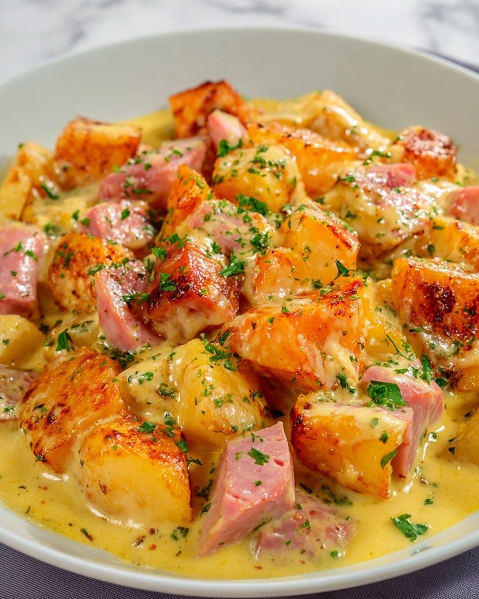 A close-up view of a creamy dish served in a white plate, showing thick chunks of orange-brown roasted potatoes mixed with glossy pieces of pink ham. The potatoes have a slightly crispy texture with a creamy yellow sauce coating the entire dish. There are small green parsley leaves sprinkled evenly on top, adding color contrast. The sauce looks rich and smooth, surrounding the potatoes and ham pieces. The background features a white marbled texture. photo taken with an iphone --ar 4:5 --v 7