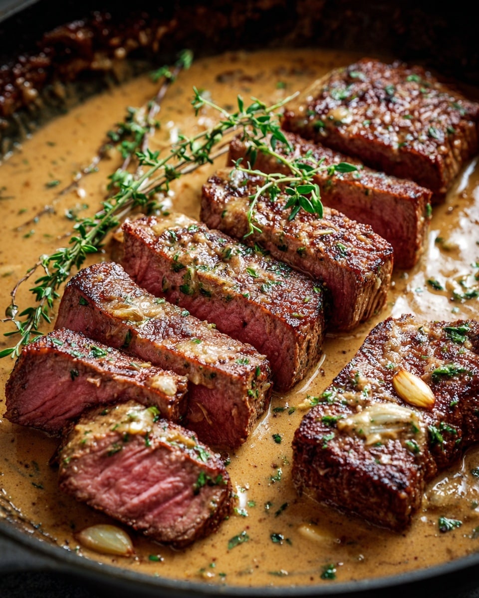 A cooked steak sliced into six pieces with a medium-rare pink center lies flat in a pan, covered in a thick light brown creamy sauce sprinkled with small green herb leaves and a few whole garlic cloves. A small sprig of thyme rests on top near the center of the steak. The pan has dark edges with signs of cooking marks inside. Two large black cooking forks are placed inside the pan on the left side with their handles pointed upward. photo taken with an iphone --ar 4:5 --v 7