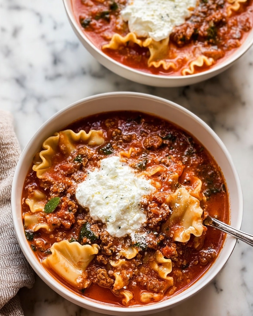 The image shows two white bowls filled with lasagna soup, placed on a surface with a white marbled texture. Each bowl contains thick, ruffled-edged pasta pieces submerged in a rich, deep red tomato soup mixed with ground meat and small green herbs. On the surface of each soup bowl, there is a dollop of creamy white ricotta cheese, with one dollop being scooped by a silver spoon held by a woman's hand. The overall colors are warm with reds and browns from the soup and pasta, and white from the bowls and cheese. The photo taken with an iphone --ar 4:5 --v 7