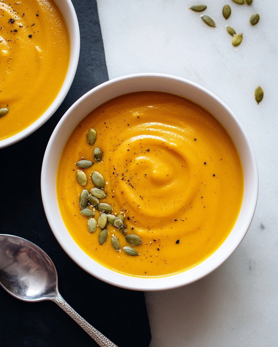 A white bowl filled with smooth, bright orange soup swirled gently in the middle, topped with scattered green pumpkin seeds and a light sprinkle of black pepper on one side, sitting on a white marbled surface. The texture of the soup looks creamy and thick, with a slightly glossy finish. Next to the bowl, a silver spoon with a simple pattern on the handle lies on the surface. Another similar bowl of soup is partially visible in the top right corner. Photo taken with an iphone --ar 4:5 --v 7