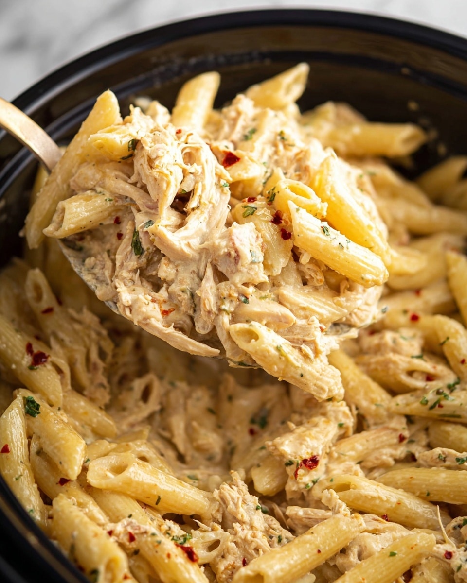 The image shows a close-up of creamy pasta mixed with shredded chicken in a cooking pot. The dish has two main layers: the penne pasta pieces that are pale yellow and smooth with some of them showing hollow spaces, and the shredded chicken which is coated in a creamy white sauce speckled with small bits of seasoning and red pepper flakes. The pasta and chicken are well combined and garnished with small bright green parsley leaves scattered throughout. The cooking pot’s edge is visible and black with a shiny finish. The background is a white marbled texture photo taken with an iphone --ar 4:5 --v 7