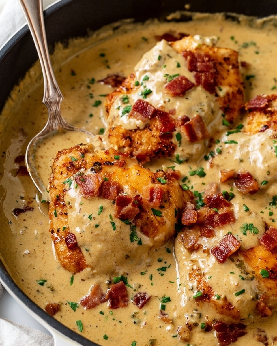 The image shows several pieces of golden brown chicken with crispy edges, covered in a thick creamy beige sauce. Small chunks of reddish-brown bacon are scattered on top, along with sprinkled green herbs. The sauce looks smooth and rich, enveloping the chicken evenly inside a pan. A silver spoon rests on the side, partially dipped in the sauce. The background is a white marbled texture. Photo taken with an iphone --ar 4:5 --v 7