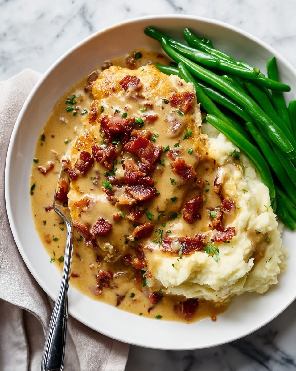 A white round plate sits on a white marbled surface, holding three main food sections. The largest portion is golden-brown cooked chicken covered in a thick tan gravy with small pieces of crispy bacon scattered on top along with green herb bits. To the right of the chicken is a large scoop of creamy, pale yellow mashed potatoes, also covered partially with the same gravy. On the top right edge of the plate is a neat bunch of bright green steamed green beans. A silver fork with a black handle rests on the mashed potatoes, its tines half buried. The overall look is warm and hearty, with varied textures from smooth to crispy. Photo taken with an iphone --ar 4:5 --v 7