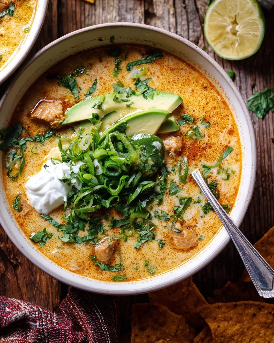 The image shows a creamy light orange soup in a white bowl, filled nearly to the top. There are 3 visible layers: the creamy soup base, topped with a dollop of white sour cream on the left side, bright green sliced scallions spread in the center, and a few avocado slices peeking through on the left edge. Several crispy golden tortilla chips are placed on the top right edge of the bowl, some sprinkled with coarse salt. A silver spoon rests inside the bowl on the right side with some soup on it, and another spoon lies on the wooden table below the bowl. A lemon wedge sits above the bowl near the chips, and another lemon wedge is placed near the bottom right of the soup. The scene is set on a textured dark wooden table with a green-striped cloth partially visible beneath the bowl. photo taken with an iphone --ar 4:5 --v 7