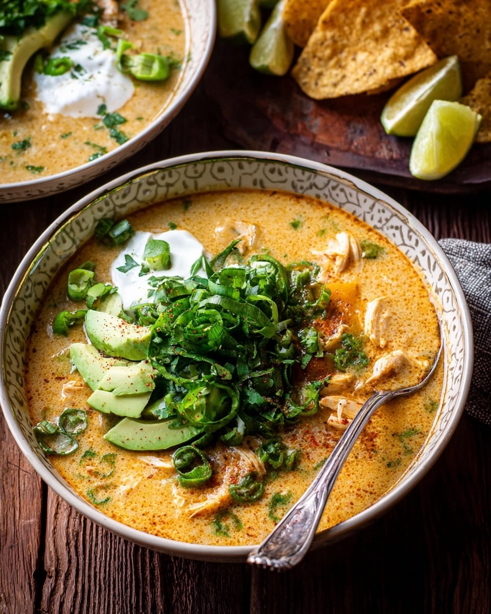 A creamy soup with a light orange color fills a white bowl with a patterned rim, topped with a large pile of bright green chopped spring onions and cilantro in the center. On one side, there are slices of light green avocado and a dollop of white sour cream. Pieces of soft, light brown chicken are visible under the toppings. A silver spoon rests inside the bowl with its handle pointing out. In the background, there are crispy tortilla chips with a golden color placed on a dark wooden surface, along with lemon wedges nearby. photo taken with an iphone --ar 4:5 --v 7