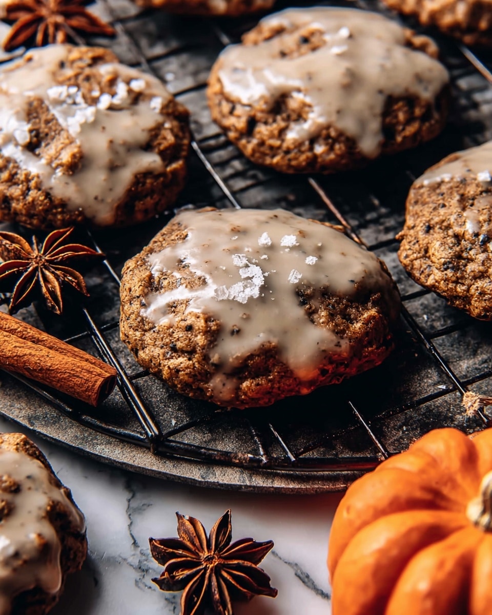 The image shows several round cookies on a metal cooling rack with a dark base, placed on a white marbled surface. Each cookie has a rough, textured brown base layer with dark specks and a shiny light beige glaze drizzled unevenly on top. There are a few white flaky salt crystals scattered on the glaze. Around the cookies, there are cinnamon sticks, star anise, and a small orange pumpkin, adding warm tones to the composition. The photo taken with an iphone --ar 4:5 --v 7