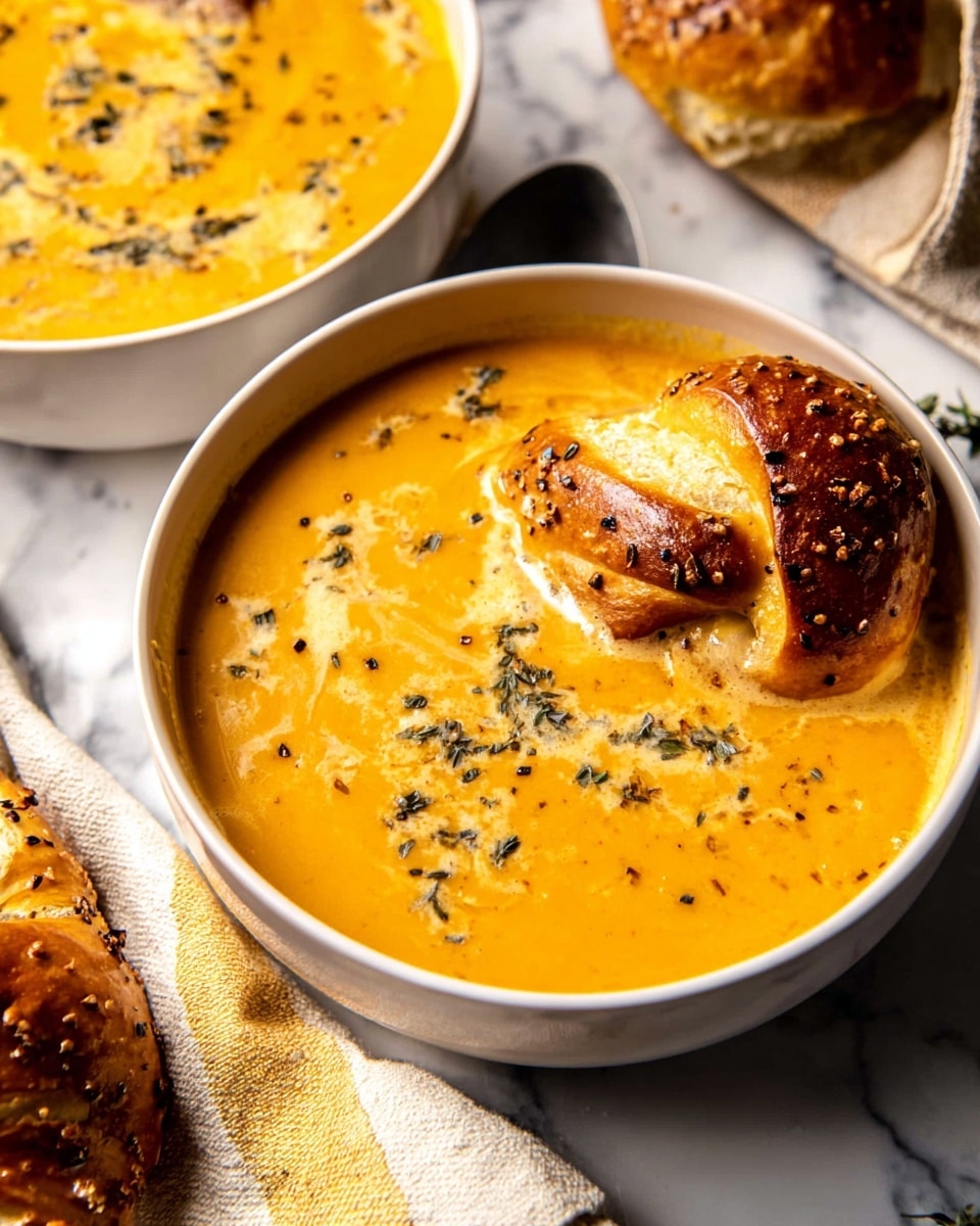 A white bowl filled with a creamy, thick orange soup with specks of herbs scattered throughout, showing a smooth and slightly chunky texture. A twisted, golden-brown pretzel piece with white salt crystals rests partially dipped in the soup at the edge of the bowl. A metal spoon is partly submerged in the soup on the right side. The bowl sits on a white marbled surface with a textured cloth nearby, and in the background, more twisted pretzels and a second bowl of the same soup are visible. The lighting creates warm highlights and soft shadows, enhancing the rich colors and textures. Photo taken with an iphone --ar 4:5 --v 7