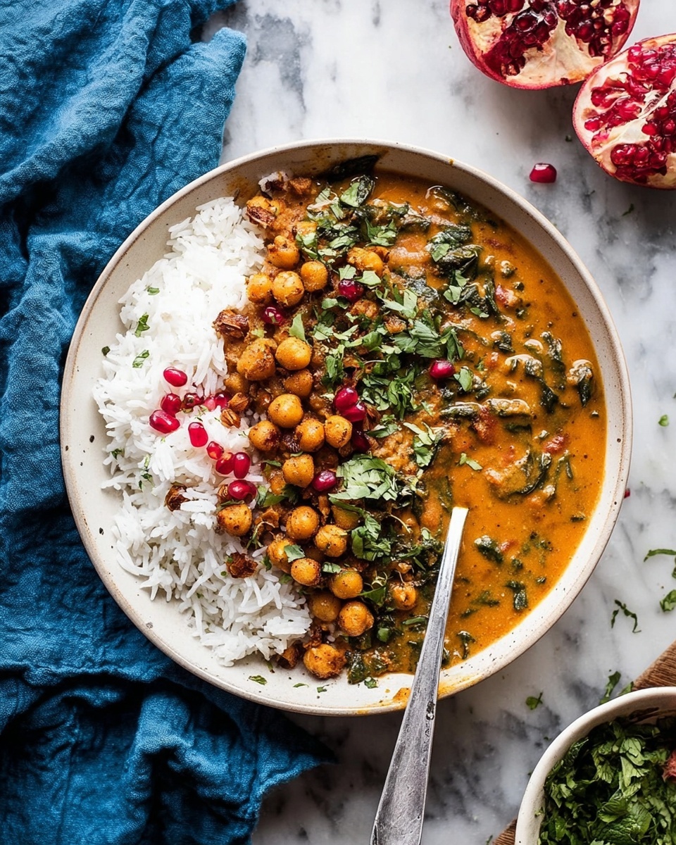A round beige bowl holds a layered dish on a white marbled surface. The bottom layer is white rice, piled on one side of the bowl. Next to the rice is a thick, orange curry sauce with chunks of soft vegetables and lentils, covering the other side of the bowl. On top of the curry are small, round, dark brown roasted chickpeas and scattered bright red pomegranate seeds. The whole dish is sprinkled with fresh green chopped herbs. A silver spoon rests inside the bowl on the right side, partly covered in the orange curry. The background shows half a pomegranate with bright red seeds visible and some scattered herbs and chickpeas nearby. A blue cloth is seen on the left side. photo taken with an iphone --ar 4:5 --v 7