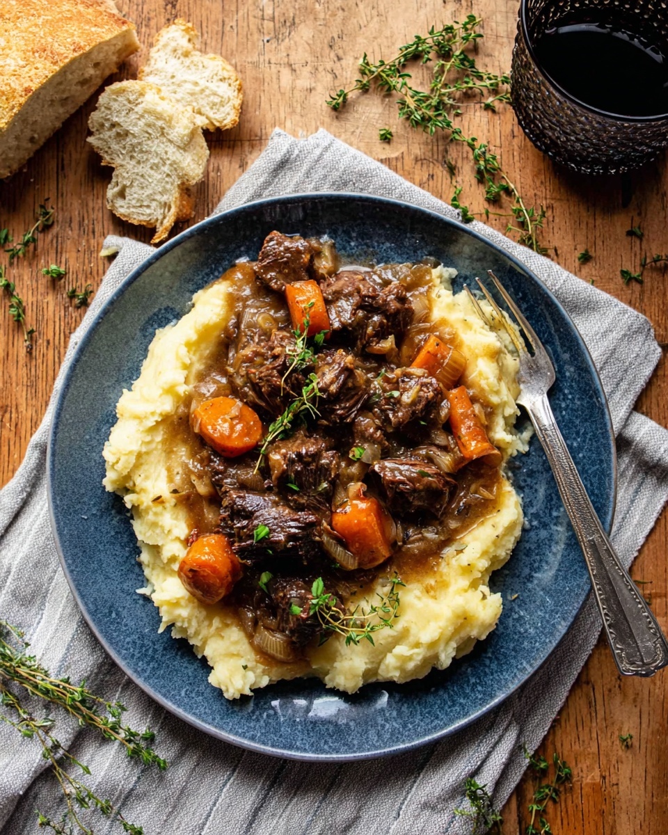 A deep blue round plate holds a bed of creamy white mashed potatoes spread evenly as the first layer. On top, dark brown pieces of tender meat with a rich, glossy brown onion gravy cover most of the mash, scattered with bright orange carrot rounds. Fresh green thyme sprigs are placed over the meat and around the plate for garnish. A silver fork rests on the right edge of the plate against a gray and white striped cloth. The plate sits on a wooden surface with a torn piece of crusty bread and more thyme sprigs nearby. Photo taken with an iphone --ar 4:5 --v 7