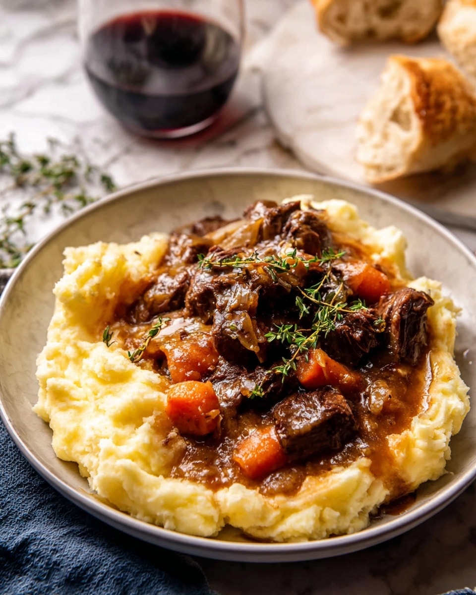 A white plate is filled with a thick layer of creamy mashed potatoes that are pale yellow and smooth in texture. On top, there is a rich layer of dark brown beef stew with chunks of tender meat and orange carrots glistening in a shiny brown gravy. Fresh green sprigs of thyme are scattered across the top, adding a touch of color. The plate sits on a white marbled surface, with a piece of crusty bread and a glass of dark red wine blurred in the background. Photo taken with an iphone --ar 4:5 --v 7