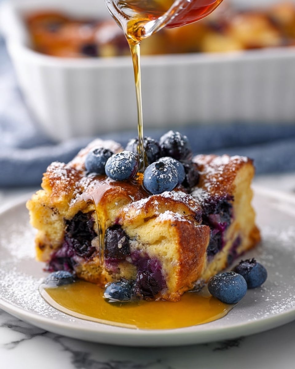 A thick square piece of golden baked berry bread pudding sits on a white plate, showing visible dark purple blueberries inside and on top. The top layer is golden brown with a dusting of white powdered sugar and several fresh blueberries scattered. A golden syrup is being poured over the top, pooling on the plate and dripping down the sides of the bread pudding. The plate is set on a white marbled surface, and a white baking dish filled with more of the bread pudding is blurred in the background. Photo taken with an iphone --ar 4:5 --v 7
