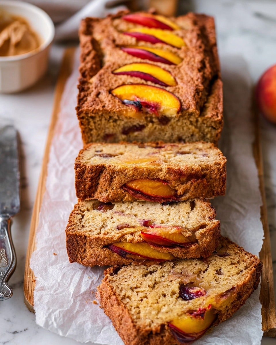 The image shows a loaf of fruit bread on a white marbled surface, sliced into pieces. The bread has a golden brown crust that looks slightly cracked with peach slices baked into the top, showing a warm orange and red color. One slice is spread with smooth, light brown peanut butter, covering it fully. The bread’s inside texture is dense and moist with visible bits of fruit, showing shades of light brown and orange, with some darker spots. Next to the bread is a small white bowl filled with peanut butter and a metal knife placed nearby. The overall scene looks cozy and inviting. photo taken with an iphone --ar 4:5 --v 7