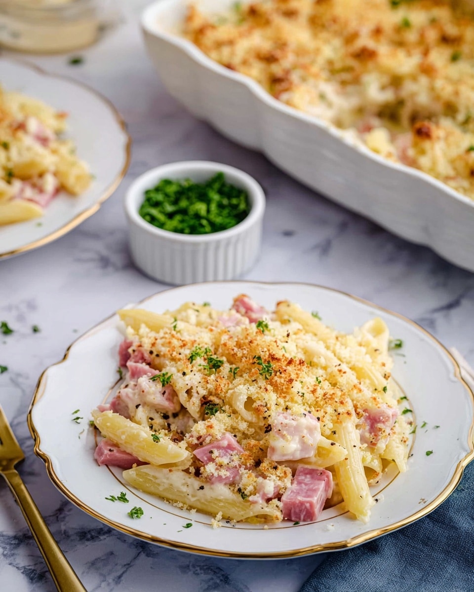A close-up of a white plate full of creamy pasta with three main layers visible: the bottom layer has smooth, pale yellow pasta tubes, the middle layer consists of pink chunks mixed with creamy white sauce, and the top layer is covered with a light brown crumbly topping sprinkled with fresh green parsley and black pepper. A wooden spoon is lifting a portion of the pasta, showing the same layers and textures with the sauce coating the pasta and the pink pieces well. The background features a white marbled surface with a blurred white dish holding additional food. Photo taken with an iphone --ar 4:5 --v 7