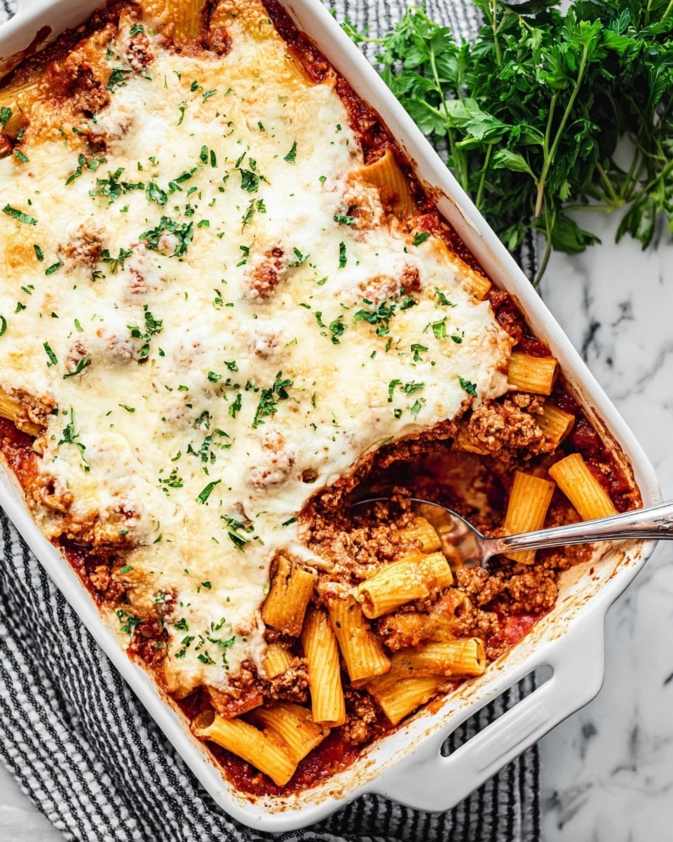The image shows a white rectangular baking dish filled with baked pasta layers. The bottom layer is red pasta sauce mixed with ground meat and rigatoni pasta, followed by a thick, creamy, melted white cheese layer on top, sprinkled with green herbs. A spoon is scooping some of the pasta from the right side, revealing the layers inside. The dish sits on a white marbled surface with fresh green herbs to the upper right and a black and white striped cloth on the bottom left. Photo taken with an iphone --ar 4:5 --v 7