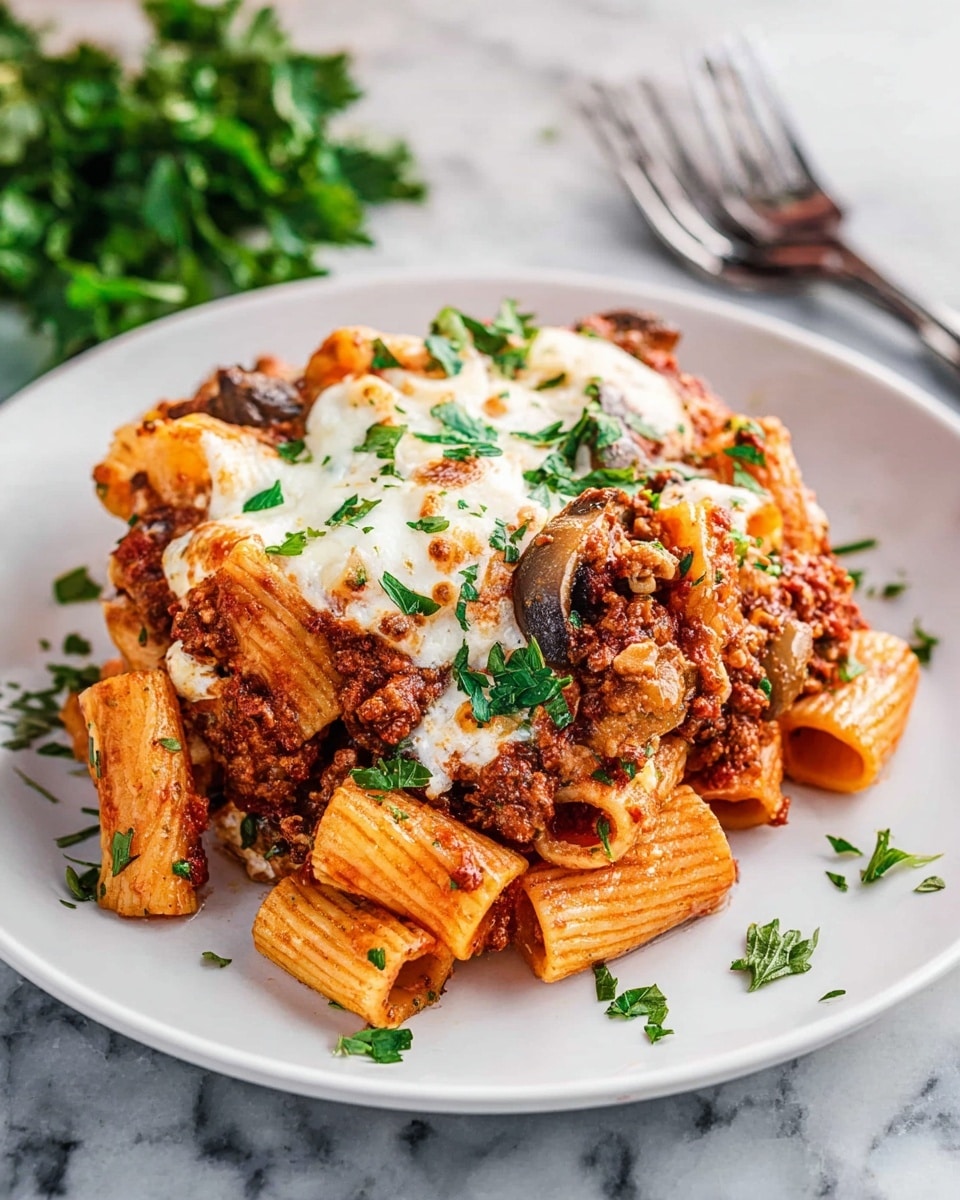 A white plate holds a layered pasta dish with tubular pasta mixed with a chunky red meat sauce that includes visible bits of mushrooms, topped with melted white cheese and sprinkled with fresh green parsley. The pasta and meat sauce form the main body, showing light orange to brown colors, while the white cheese adds soft creamy patches on top. Around the plate, there are more green parsley pieces scattered. It sits on a white marbled surface with metal forks placed nearby. Photo taken with an iphone --ar 4:5 --v 7