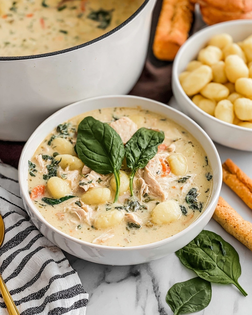 A white bowl filled with creamy chicken soup that has visible pieces of light brown chicken, soft yellow gnocchi, green spinach leaves, and small bits of orange carrot all in a thick beige broth with herbs. On top of the soup near the center, there are two fresh spinach leaves for garnish. To the back left, there is a larger white pot filled with more soup, and in front of it on the right is another white bowl with extra gnocchi. The bowls and pot are placed on a white marbled surface. In the foreground, a woman's hand is reaching toward some small breadsticks on a white and black striped cloth. Photo taken with an iphone --ar 4:5 --v 7