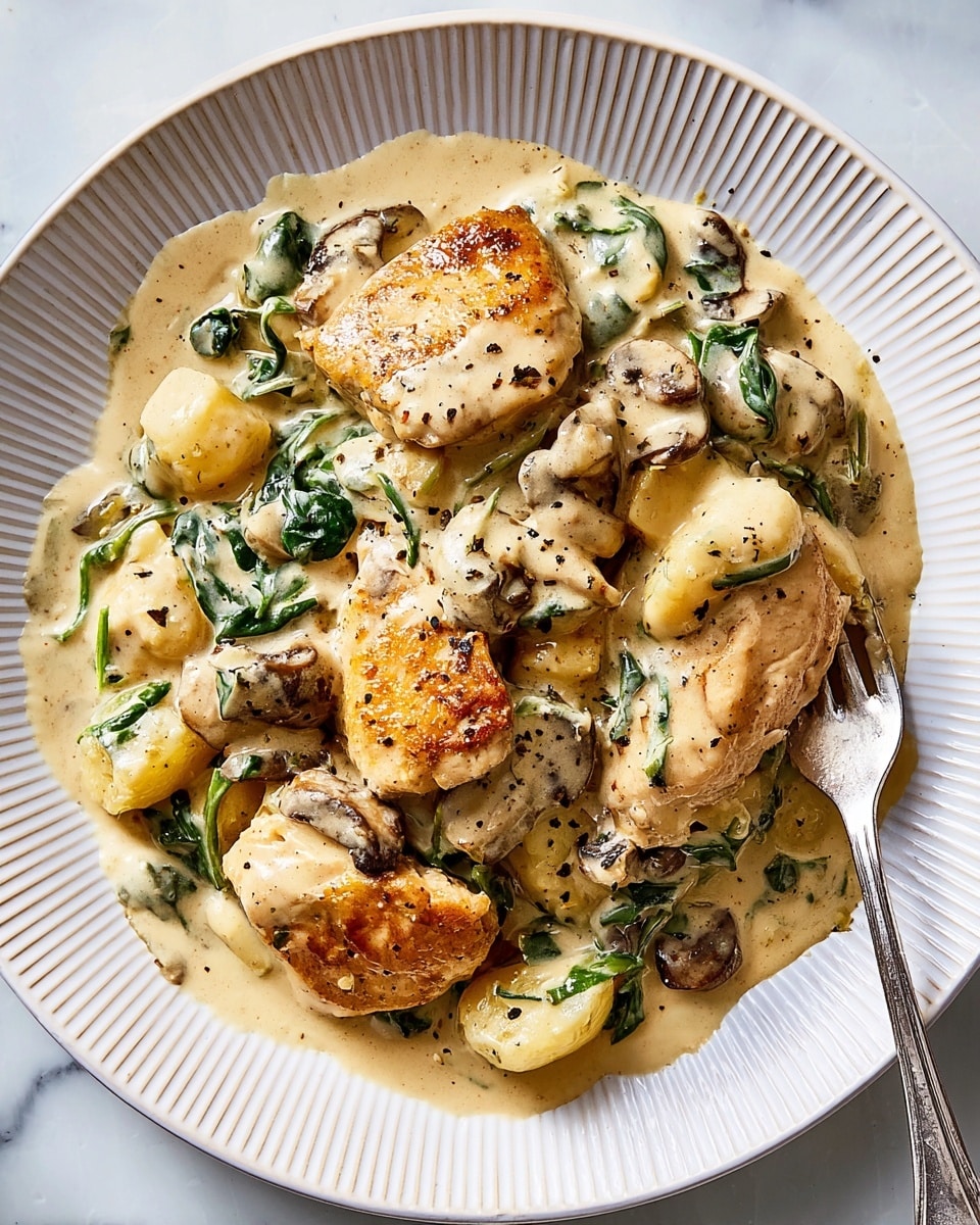 A white plate with a ridged pattern holds a dish with several golden-brown chicken pieces placed on top of and mixed in a creamy light beige sauce. The sauce has a thick texture and is filled with small green spinach leaves and chunks of soft gnocchi or potatoes. There are also pieces of dark brown mushrooms scattered throughout the sauce. Black pepper is sprinkled on top, adding small dark specks. A silver fork rests on the right edge of the plate, partially covered by the sauce. The plate sits on a white marbled surface. Photo taken with an iphone --ar 4:5 --v 7