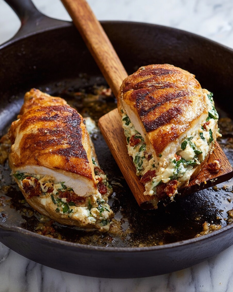The image shows two browned cooked chicken pieces in a black cast iron pan on a white marbled surface. Each chicken piece is stuffed with a creamy white filling mixed with finely chopped green herbs and bits of reddish-brown sun-dried tomatoes, which slightly overflows from the middle. The square wooden spatula is lifting the piece on the right, showing the textured layers of the chicken and filling clearly. The chicken has a crispy, golden-brown outer layer with grill marks and a juicy inside. The pan has some oil and browned bits around the chicken pieces. Photo taken with an iphone --ar 4:5 --v 7