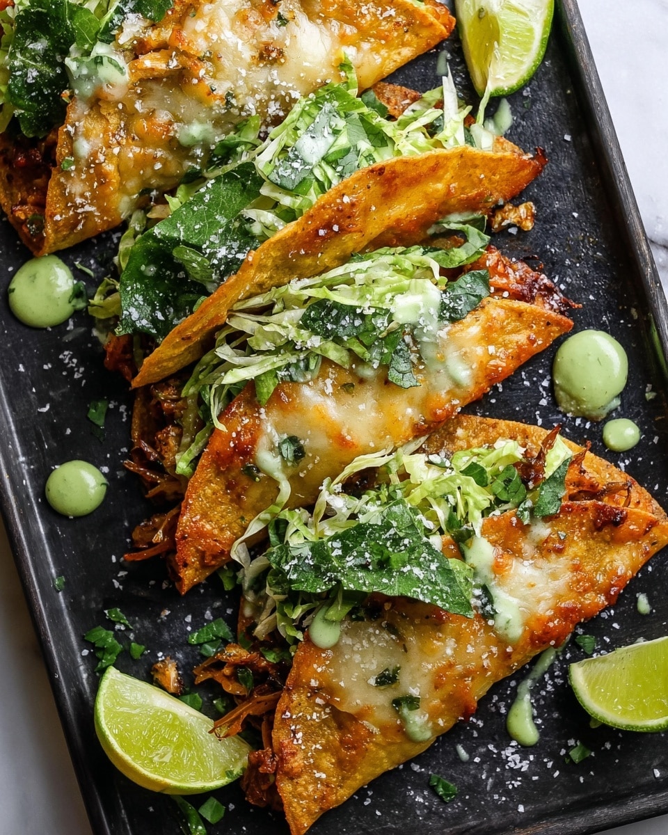The image shows three golden-brown folded tacos placed closely on a dark baking tray with some melted cheese and cooked greens peeking from under the edges. Each taco is topped with a sprinkling of coarse salt and fresh chopped green lettuce, and there are small dollops of creamy green sauce on top of two tacos. Around the tacos, there are slices of bright green lime and extra green sauce on a spoon in the corner. The background is a white marbled surface with scattered fresh cilantro leaves adding a fresh touch. photo taken with an iphone --ar 4:5 --v 7