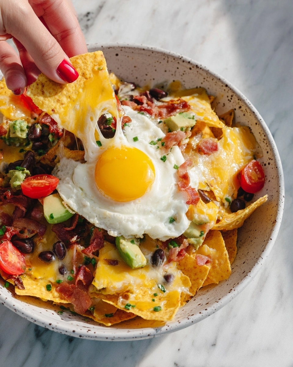 A white speckled bowl filled with nachos shows crispy yellow tortilla chips layered with melted yellow and white cheese, black beans scattered across, and small bits of reddish bacon. On top, a shiny fried egg with a bright yellow yolk and a slightly crispy white edge sits in the center. Cherry tomato halves and green avocado pieces are visible around the edges, adding color contrast. A woman's hand with red nail polish holds a chip with melted cheese stretching from the bowl to the chip, which also has a piece of bacon and a tomato slice on it. The bowl is set on a white marbled surface. photo taken with an iphone --ar 4:5 --v 7