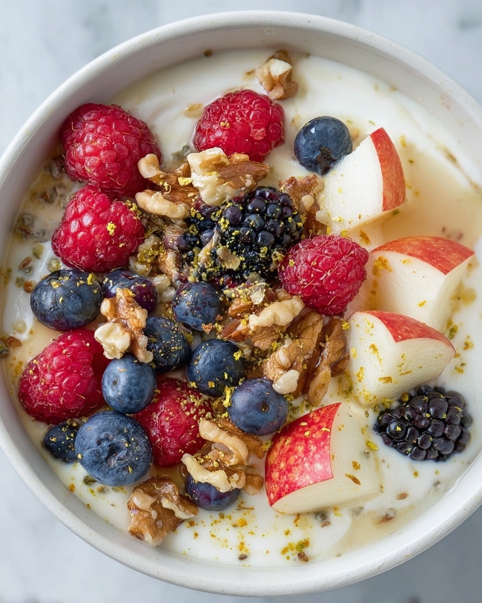 The image shows a white bowl filled with a creamy white yogurt base as the bottom layer, topped with a mix of fresh fruits and nuts. On top, there are bright red raspberries, deep blue blueberries, and dark blackberries scattered evenly. Small chunks of red apple with white inside are placed among the berries. There are also pieces of brown walnuts and tiny yellow bee pollen seeds sprinkled across the top, adding texture. The surface around the bowl is a white marble texture. Photo taken with an iphone --ar 4:5 --v 7