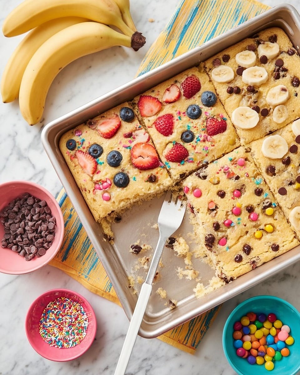 The image shows a large rectangular baked cake in a silver pan with a yellow base and a soft, slightly crumbly texture. The cake is divided into four sections, each decorated with different toppings: one section has whole blueberries and colorful sprinkles scattered on top, another has sliced strawberries embedded into the surface, the third section features sliced banana pieces mixed with melted chocolate chips, and the last section has a mix of small colorful candy-coated chocolates sprinkled on it. A slice is cut out from the cake, and a silver fork with a white handle rests inside the pan. Around the pan, there are two yellow bananas on a striped cloth, a pink bowl filled with chocolate chips, a small turquoise bowl with colorful sprinkles, and a small bowl filled with candy-coated chocolates on a white marbled surface. photo taken with an iphone --ar 4:5 --v 7