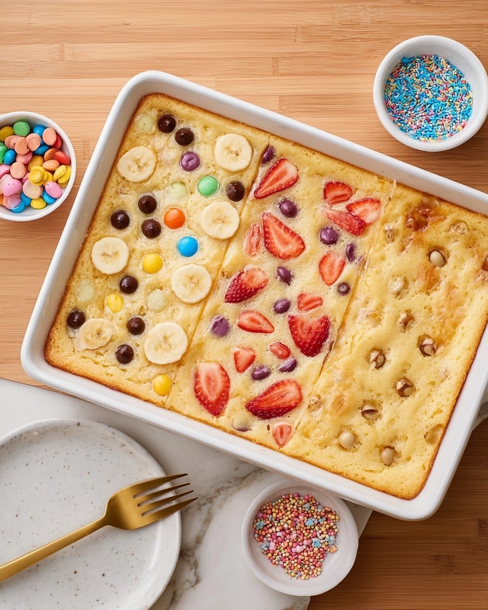 The image shows a large rectangular cake divided into four sections, each decorated with a different topping. The top left section has banana slices and chocolate chips scattered on a light yellow, soft cake layer. The bottom left section has colorful candy pieces embedded in the same light yellow cake layer. The top right section is decorated with sliced strawberries pressed into the cake surface, creating a star-like pattern. The bottom right section is mostly plain light yellow cake with a few scattered darker spots. The cake sits on a wooden table, next to two small white bowls filled with colorful candies and sprinkles, and a white plate with a golden fork on a white marbled surface. Photo taken with an iphone --ar 4:5 --v 7