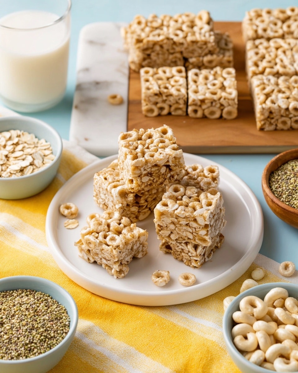 The image shows several small square cereal bars made from round oat cereal pieces mixed and pressed together, stacked and scattered on a white plate in the center. In the background, more bars are neatly arranged on a wooden board. Around the plate, there are small white bowls filled with plain round oat cereal and hemp seeds, as well as glasses filled with milk. The whole scene is set on a white marbled surface with a yellow and white striped cloth adding a pop of color. photo taken with an iphone --ar 4:5 --v 7