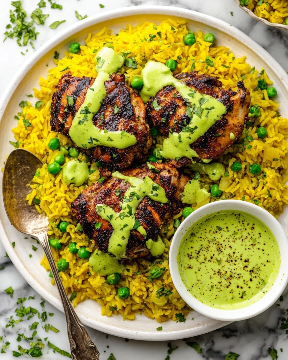 The image shows a white plate filled with a bright yellow rice mixed with green peas, forming the bottom layer. On top, there are three grilled pieces of dark brown chicken with visible grill marks, each drizzled with a bright green sauce and sprinkled with chopped green herbs. A small white bowl on the right side of the plate holds more of the green sauce with black pepper specks on its surface. A silver spoon is placed in the rice on the left side of the plate. The dish is set against a white marbled surface with small pieces of green herbs scattered around. Photo taken with an iphone --ar 4:5 --v 7