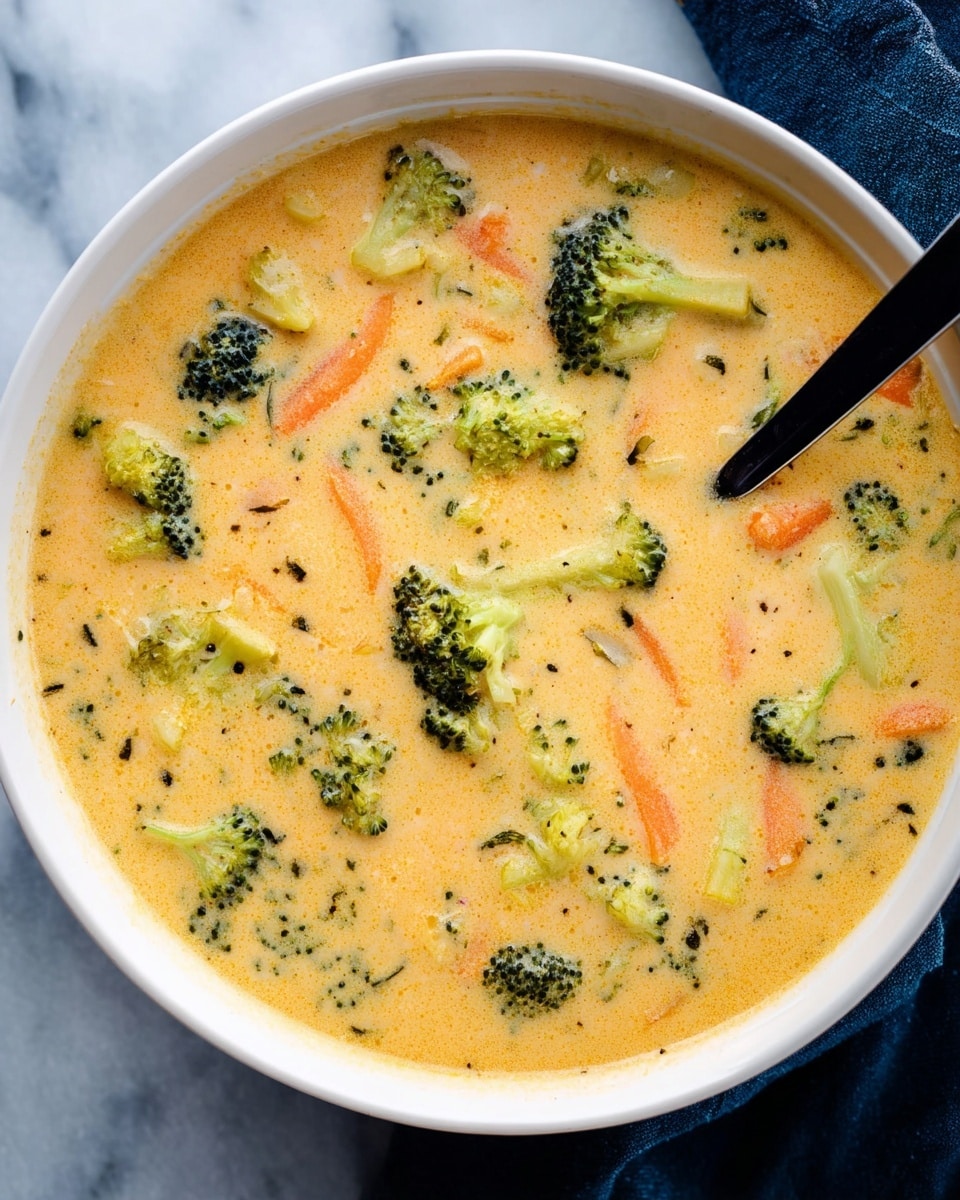A white bowl filled with thick yellowish creamy soup that has visible small pieces of bright green broccoli and thin orange carrot strips mixed throughout. A dark spoon rests inside the bowl on the right side. The bowl sits on a dark surface next to a folded blue cloth. The soup looks rich with a smooth texture and small vegetable bits floating on top, showing a hearty mix. photo taken with an iphone --ar 4:5 --v 7