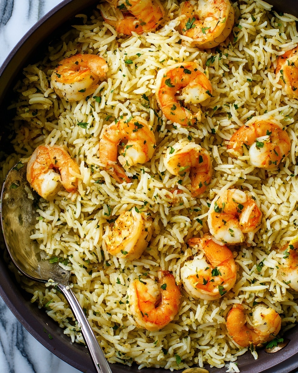 A close-up view of a pan full of cooked rice mixed with pieces of shrimp. The rice is long-grain, light yellow with hints of green herbs scattered throughout. The shrimp are a bright orange color with white highlights, evenly distributed on top of the rice. The pan is dark in color and has a spoon resting on the edge. The background is a white marbled texture. Photo taken with an iphone --ar 4:5 --v 7