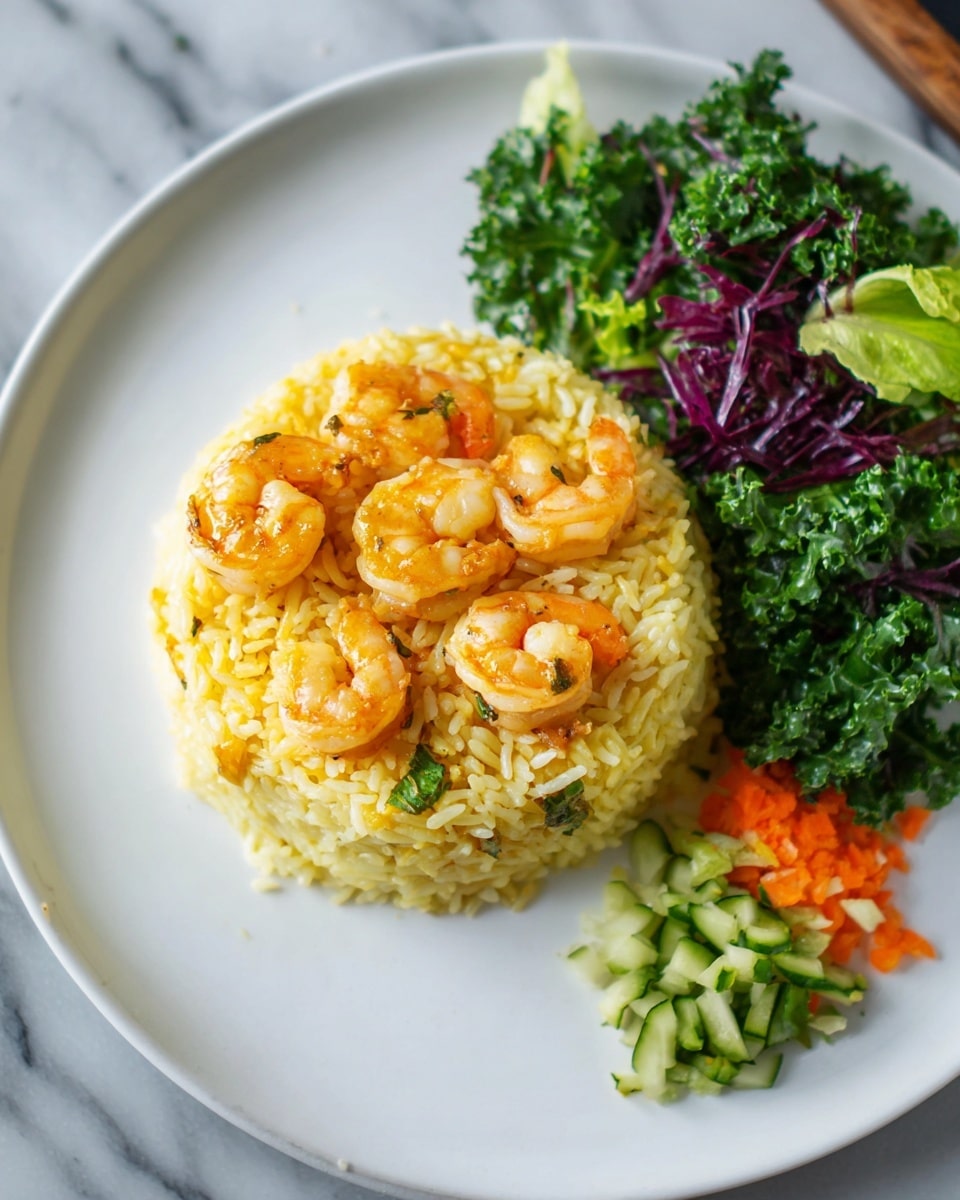 A white plate holds a round mound of yellow rice in the center, topped with several orange shrimp arranged evenly around the top layer; the rice looks fluffy and has a slight shine. To the upper right side of the plate, there is a small pile of mixed greens including kale, purple cabbage, and light green lettuce, adding green and purple colors. Below the greens, a small portion of finely chopped vegetables, including orange carrot and green cucumber, adds a fresh touch. The plate is placed on a white marbled surface. photo taken with an iphone --ar 4:5 --v 7
