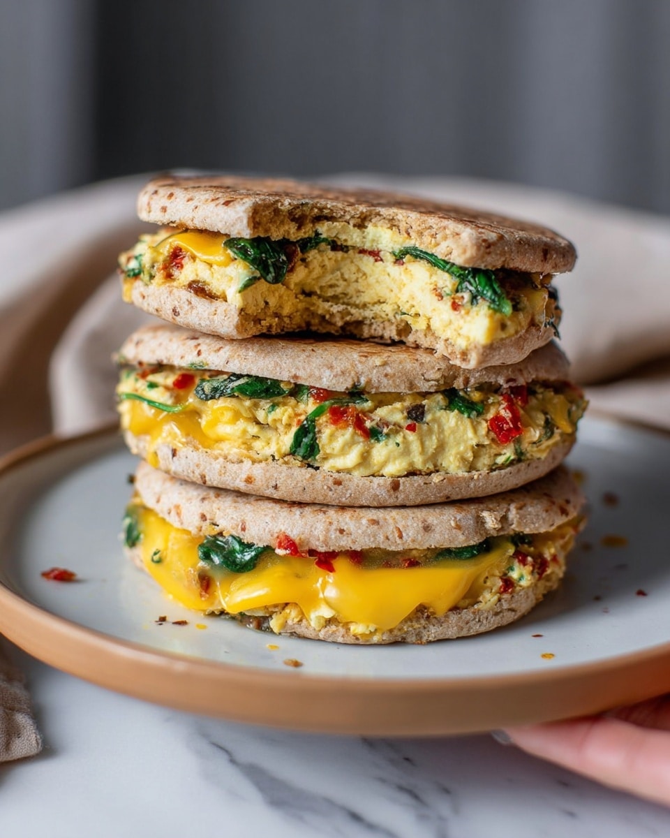 The image shows a stack of three sandwiches on a round white plate, placed on a white marbled surface. Each sandwich has two layers of light brown oat flatbread with a rough texture. Between the bread layers, there is a thick layer of cooked egg mixed with green spinach and small red pieces, likely peppers. Bright yellow melted cheese is oozing out from the edges of each sandwich, especially visible on the top one, where a bite has been taken showing the soft inside of the bread and filling. A woman's hand is not visible but implied to have taken the bite. The background is softly blurred with neutral tones. photo taken with an iphone --ar 4:5 --v 7