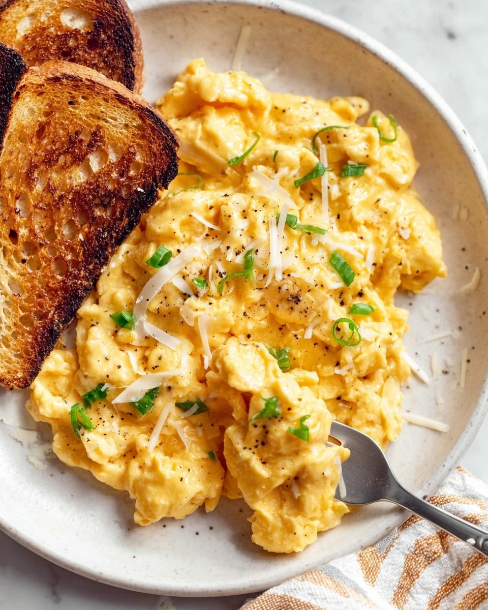 The image shows a white plate on a white marbled surface holding a serving of creamy, soft scrambled eggs with a light yellow color and a slightly glossy texture. The eggs are sprinkled with small green chives and a bit of black pepper on top. Behind the eggs, two slices of toasted bread with a golden brown and slightly darker crispy texture are placed side by side. To the left of the plate, there is a silver fork resting with its handle pointing downwards, and on the upper left edge of the plate, a small white dish with coarse salt is partly visible. A beige and white striped cloth is folded next to the plate on the surface. photo taken with an iphone --ar 4:5 --v 7