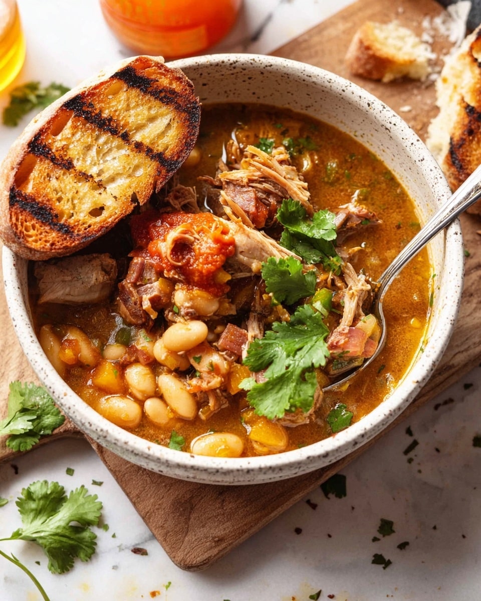 A white speckled bowl filled with a hearty stew that has three main layers: the bottom layer is a light brown broth, the middle layer has soft white beans and pieces of shredded cooked meat mixed with small bits of orange vegetables, and the top layer shows a small amount of bright red sauce and fresh green cilantro leaves. On the edge of the bowl, there is a piece of toasted bread with grilled marks resting partially inside, and a silver spoon is placed inside the bowl. The bowl sits on a wooden board with part of an orange bottle and some scattered green herb leaves visible around it. The background is a white marbled surface photo taken with an iphone --ar 4:5 --v 7