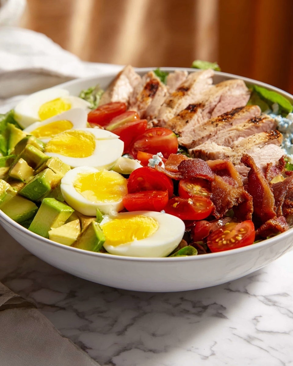 A white bowl filled with a colorful salad is shown on a white marbled surface. The salad has four main layers: the bottom layer is green leafy vegetables, topped with bright red halved cherry tomatoes and green diced avocado pieces. On top of this are slices of grilled light brown meat with slight char marks, and quartered hard-boiled eggs showing the white and bright yellow yolk. There are small pieces of crispy brown bacon scattered on one side. The background is softly blurred with warm tones. Photo taken with an iphone --ar 4:5 --v 7