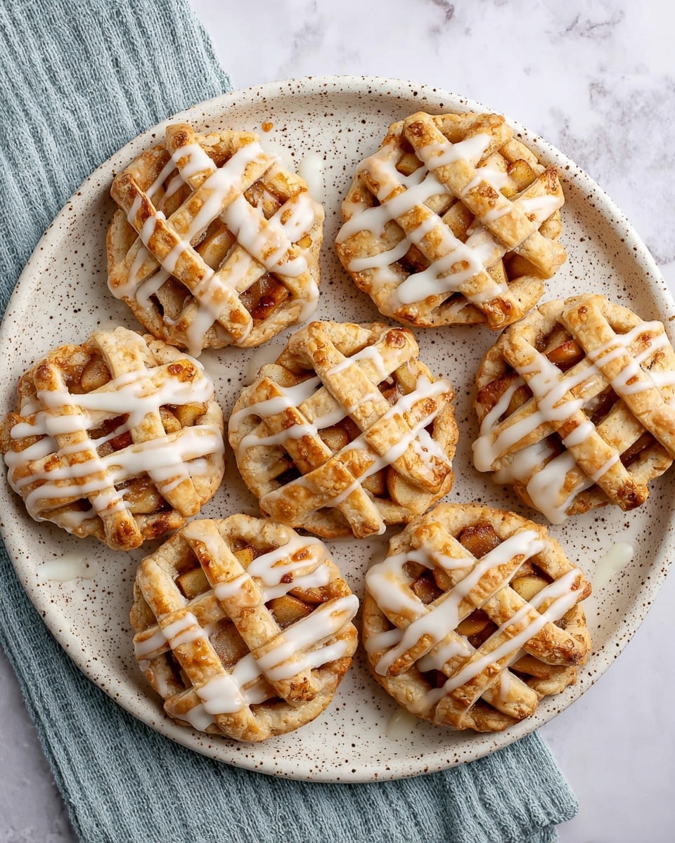 The image shows a white speckled round plate filled with eight small lattice-topped apple pies. Each pie has two layers: a bottom layer of golden brown crust filled with soft, diced apple pieces in the center, and a top layer made from thin strips of the same crust arranged in a crisscross pattern. The pies are drizzled with a smooth white icing that runs diagonally across each lattice top. The plate sits on a white marbled surface with a light blue cloth nearby. Photo taken with an iphone --ar 4:5 --v 7