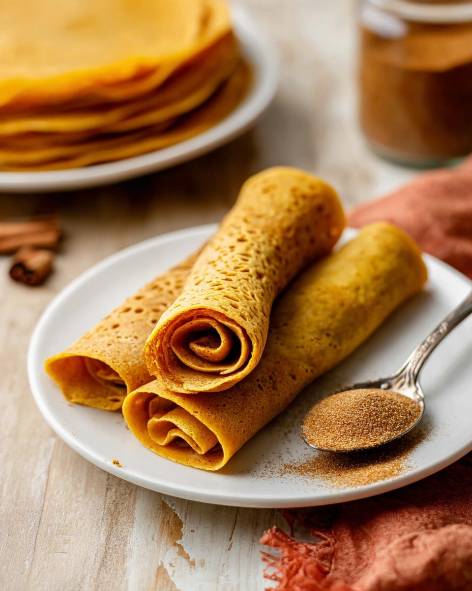 Three rolled pumpkin-colored crepes with a soft, slightly holey texture sit on a white plate. One crepe is unrolled and placed flat, showing its thinness, while the other two are tightly rolled, showing spiral layers inside. A metal spoon filled with brown cinnamon sugar rests on the plate next to the crepes, with some sugar spilled on the plate. In the background, a tall stack of similarly colored crepes is partly visible, sitting on a white plate on a white marbled surface, along with a blurred jar containing pumpkin spice. The overall setting has warm, cozy tones. photo taken with an iphone --ar 4:5 --v 7
